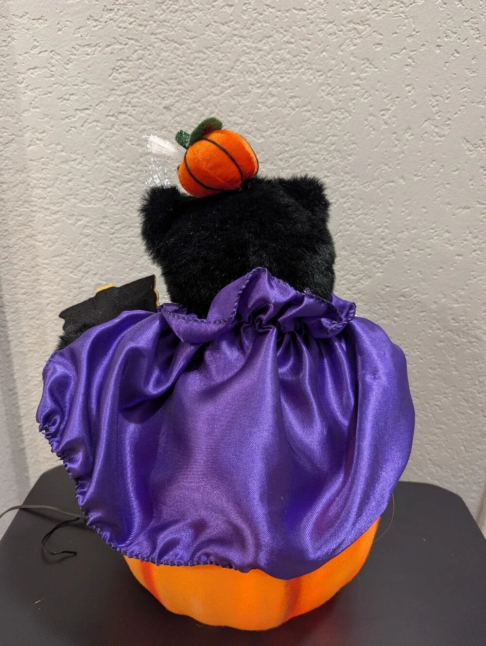 Vintage Halloween Fiber Optic Black Cat In Pumpkin Hat Cape in Pumpkin 12